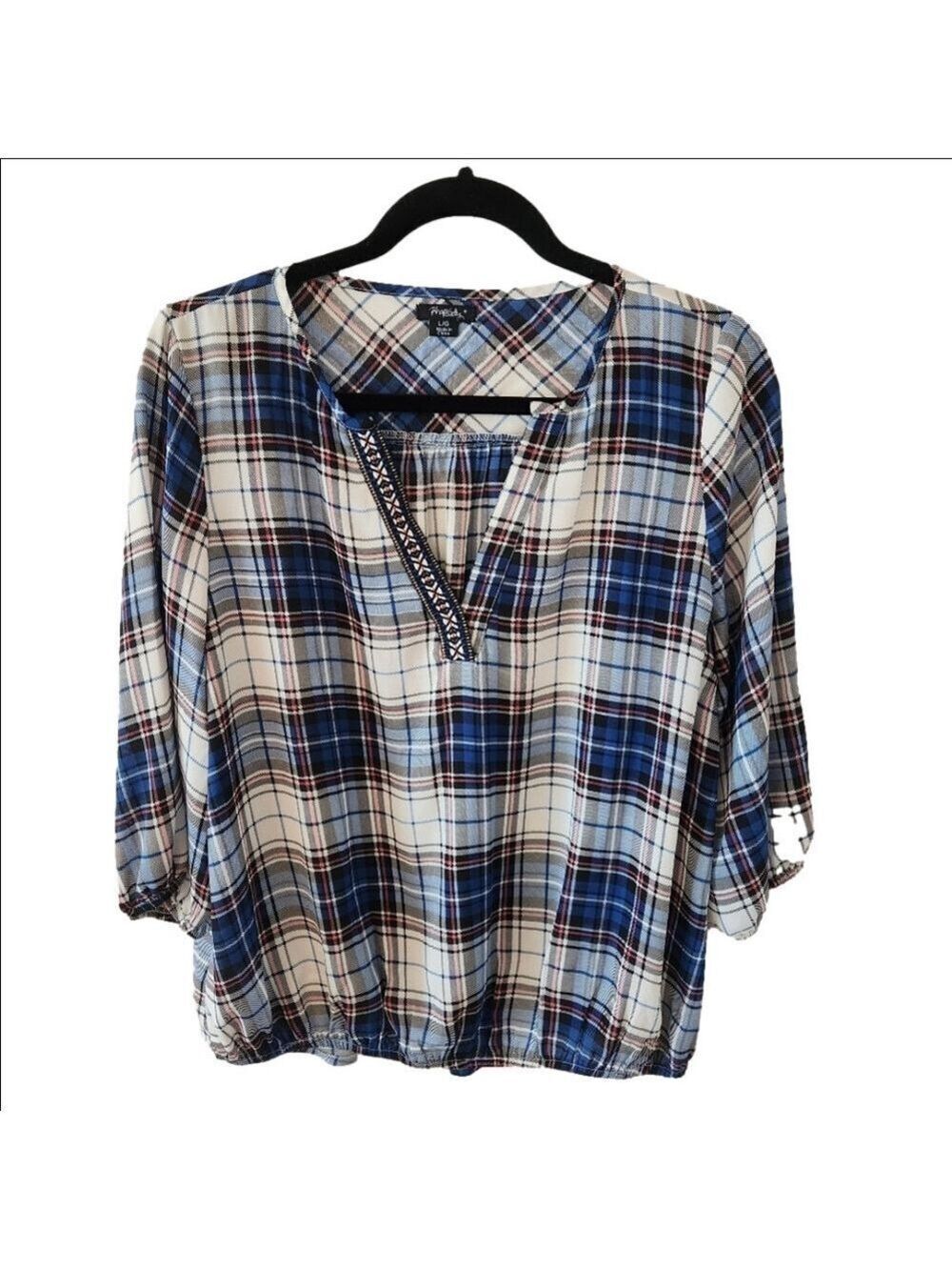 RHAPSODY PLAID BLOUSE WITH EMBROIDERY - SIZE LARGE - EUC